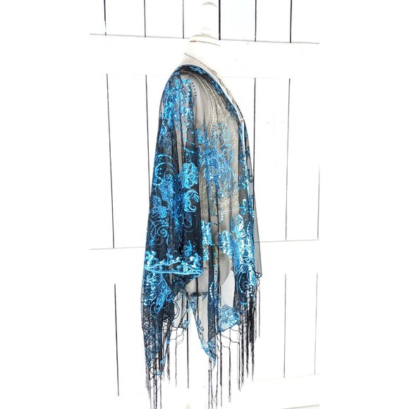 Blue black floral sequin sheer kimono cover up jacket - Picture 3 of 5